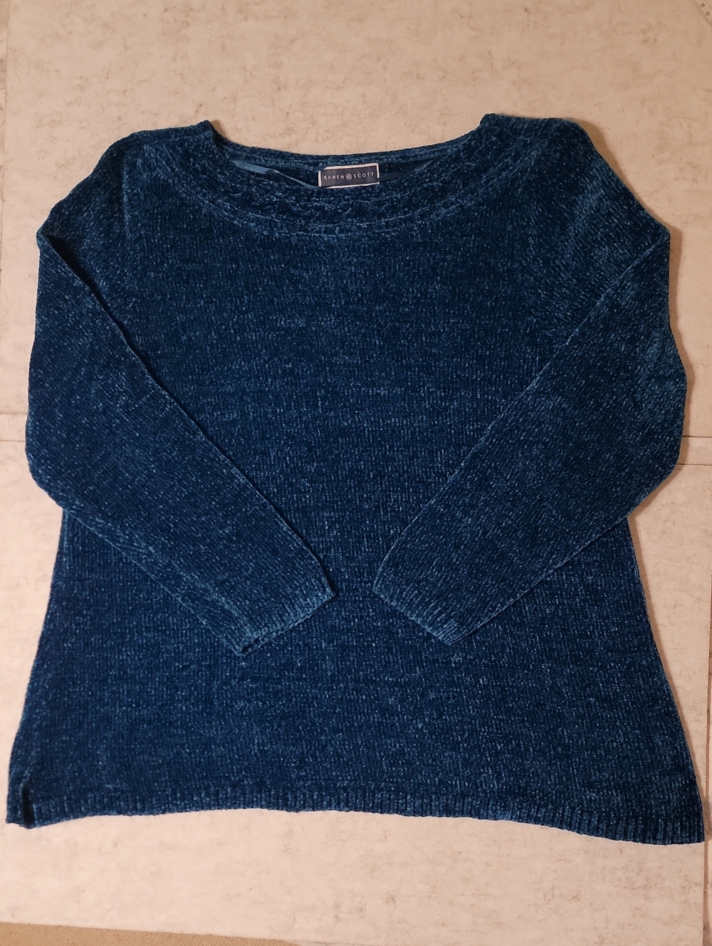 Karen Scott Plus Size 2X Teal Blue Chenille Boat Neck Long Sleeve Sweater